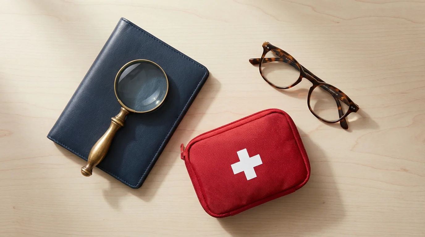 Flat lay of a passport, first-aid kit, and magnifying glass symbolizing travel insurance.