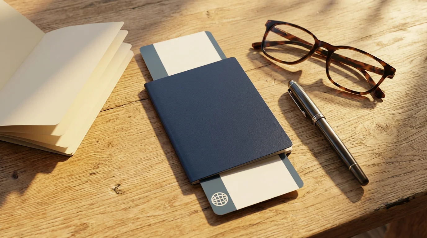 Flat lay of a passport, reading glasses, and travel documents on a wooden table.