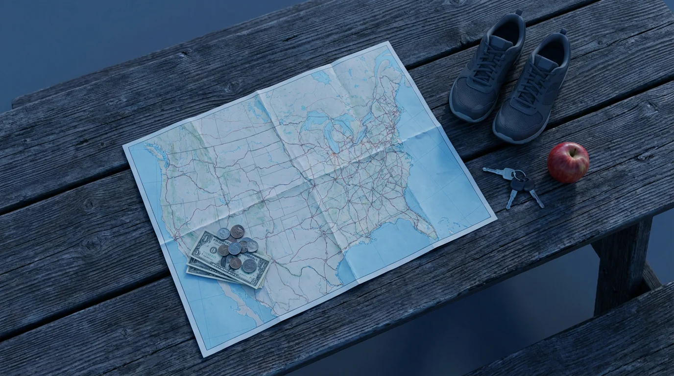 Flat lay of a road map, money, car keys, and walking shoes for budgeting a trip.