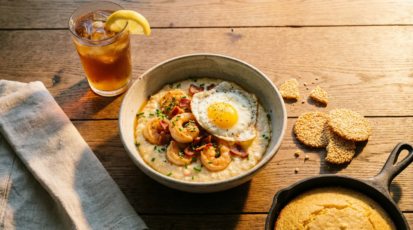 Flat lay of a shrimp and grits meal with iced tea in warm light.