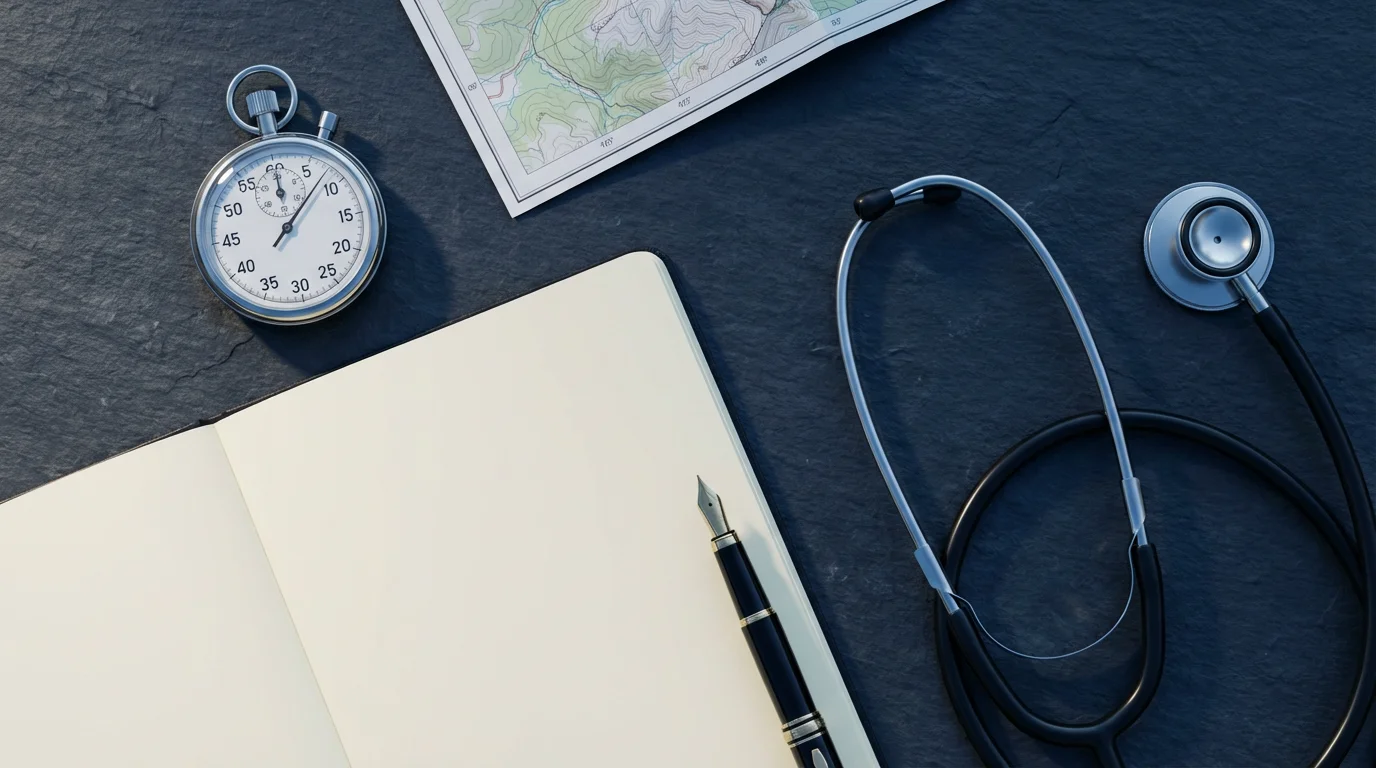 Flat lay of a stopwatch, stethoscope, notebook, and map for fitness assessment planning.