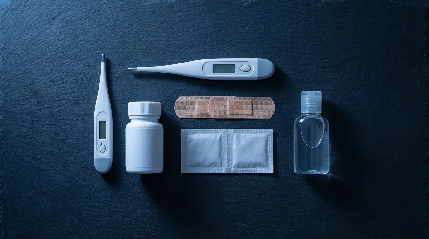 Flat lay of a travel first-aid kit with thermometer and sanitizer on slate.