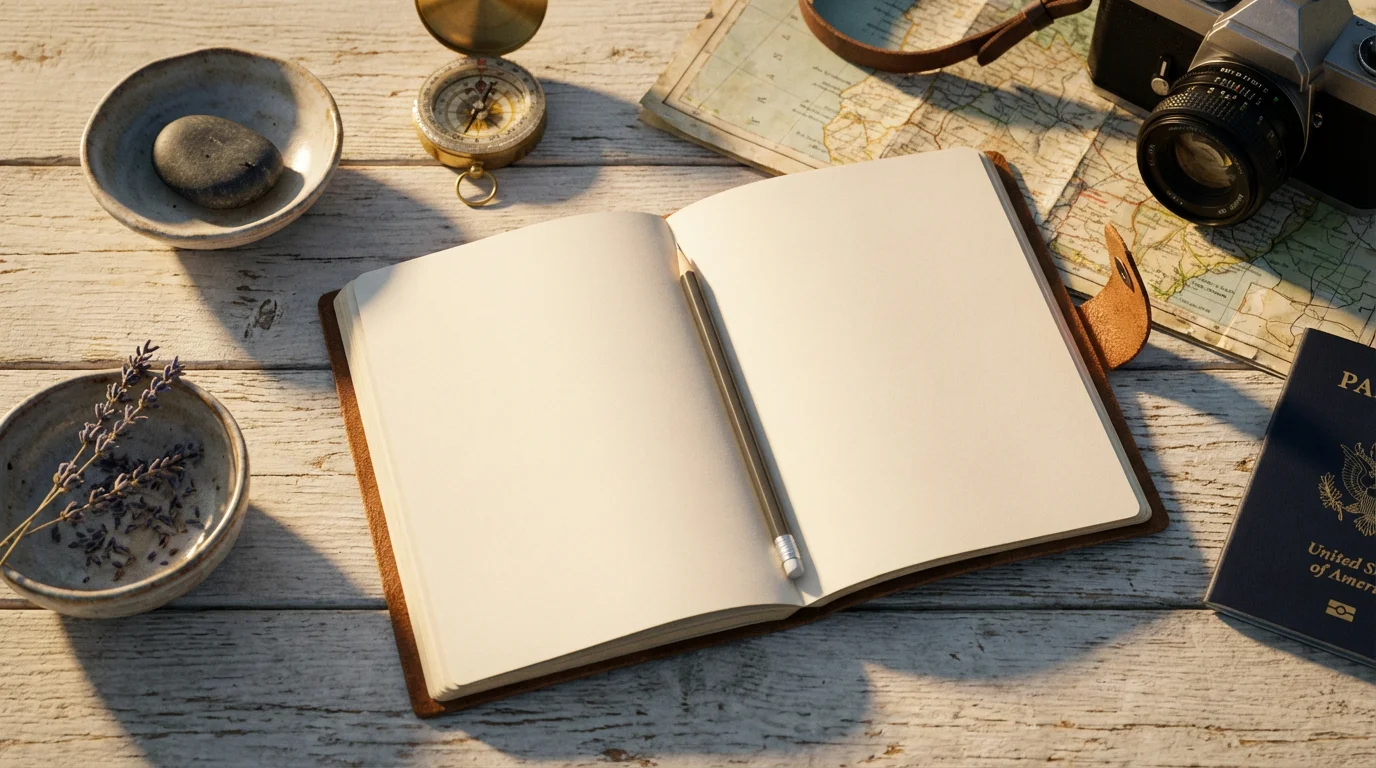 Flat lay of a travel journal, compass, and symbolic items for trip planning.