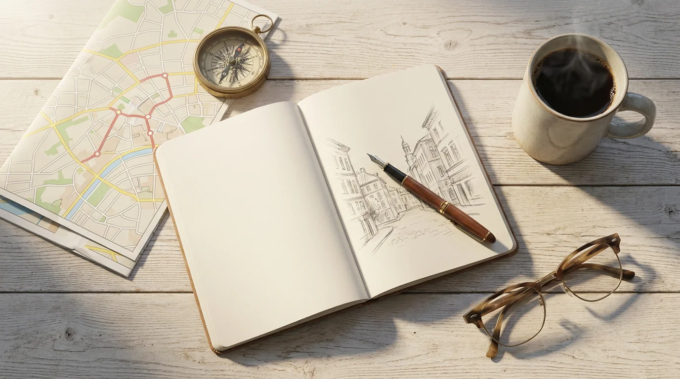 Flat lay of a travel journal, map, compass, and coffee on a table.