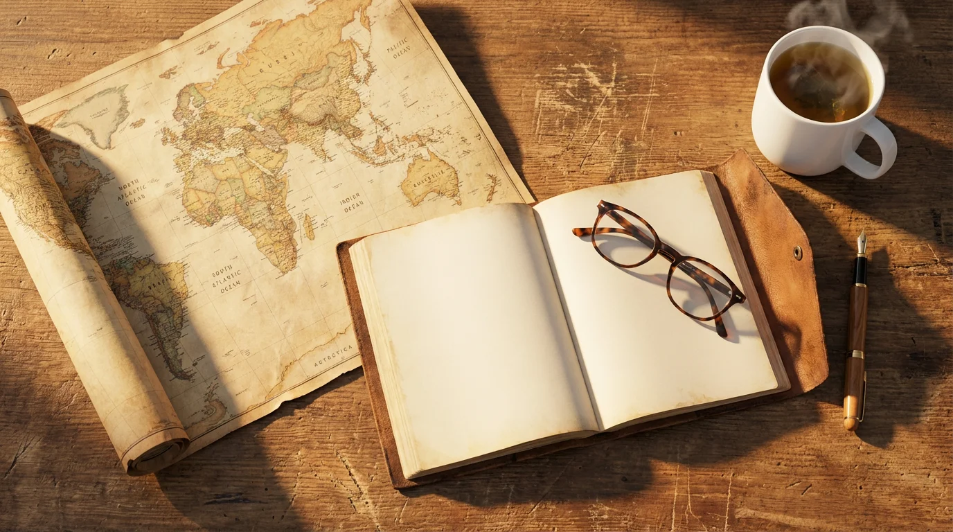 Flat lay of a travel map, reading glasses, a journal, and tea.