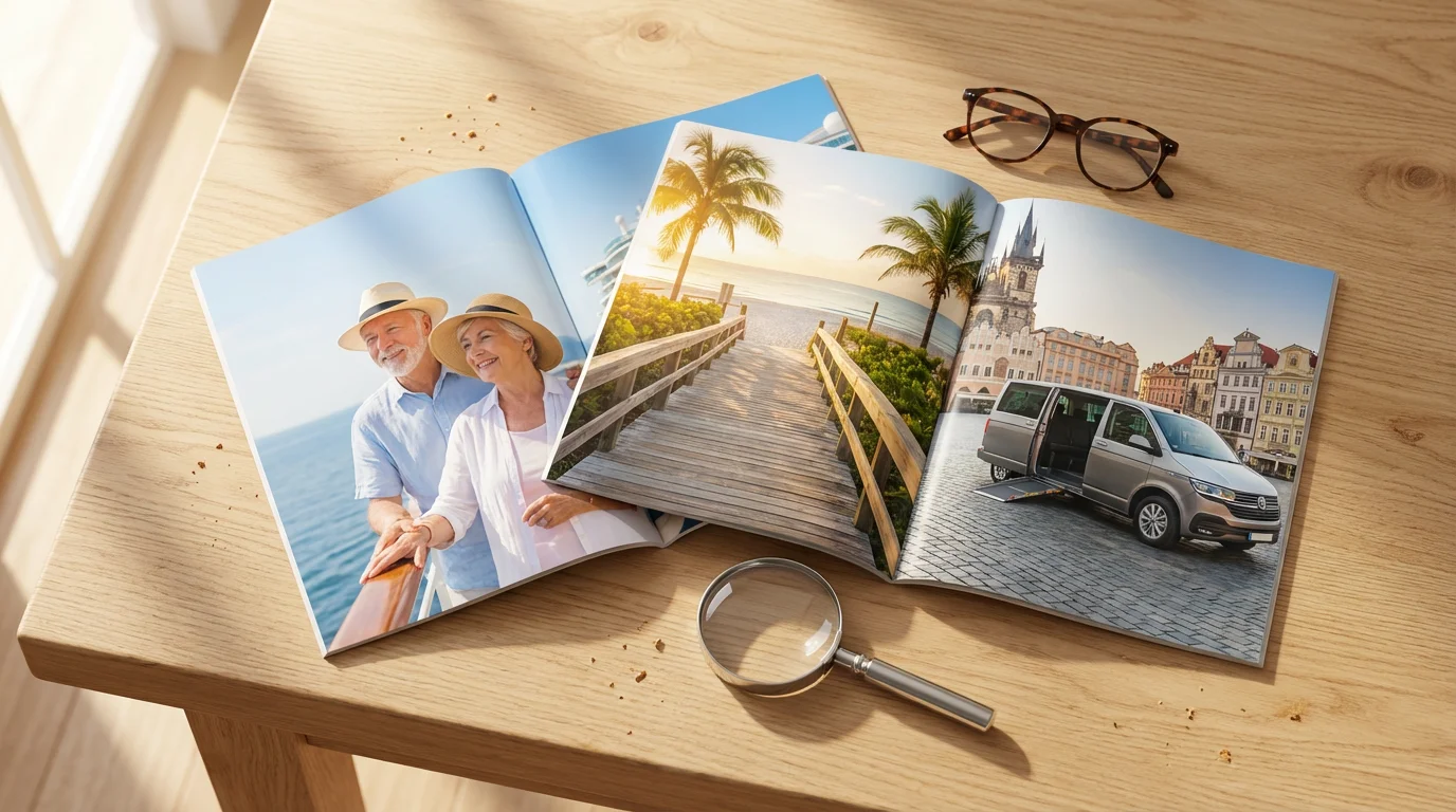 Flat lay of accessible travel brochures, glasses, and a magnifying glass for planning.