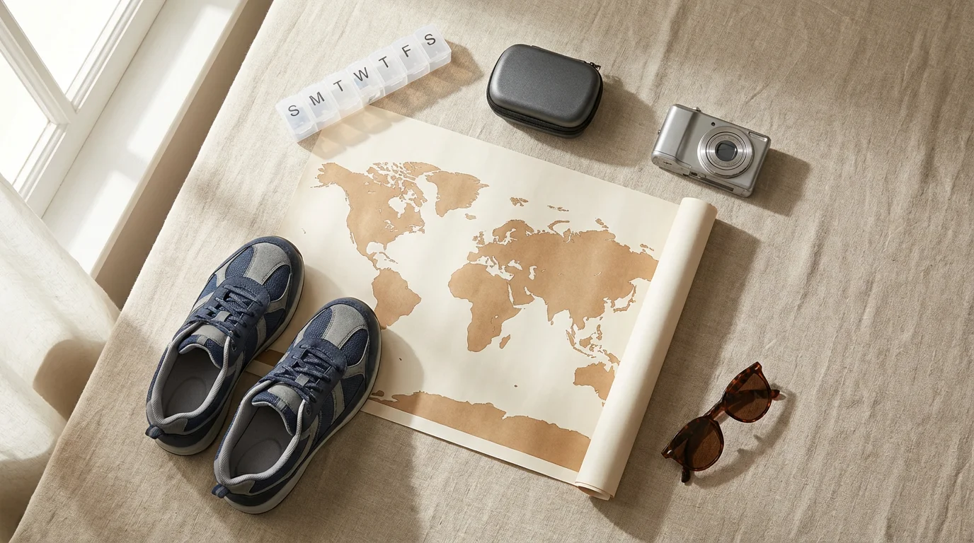 Flat lay of accessible travel items for seniors including a map and pill organizer.