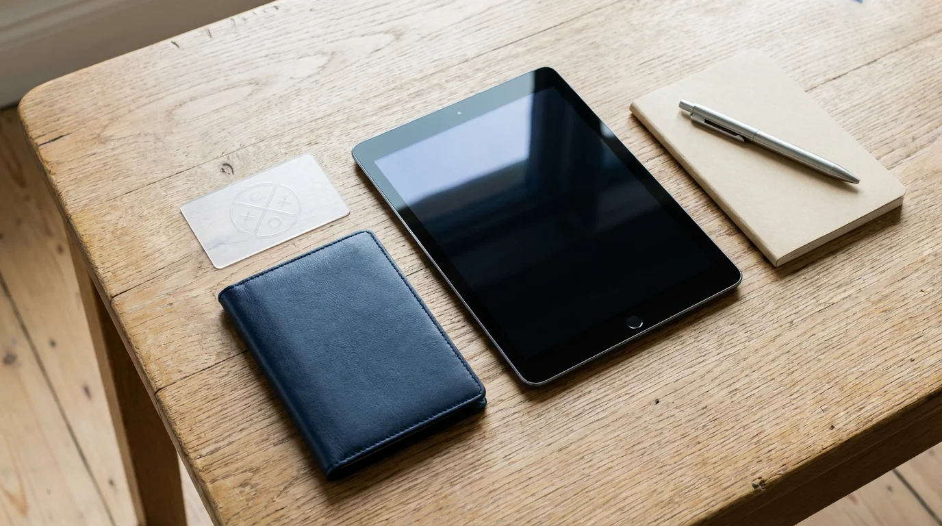 Flat lay of accessible travel preparation essentials including a passport, notebook, and tablet.