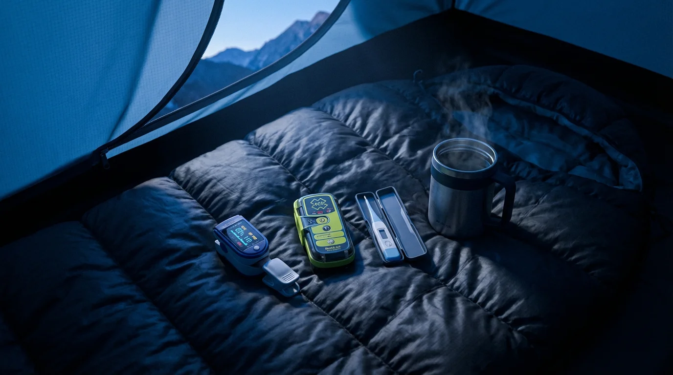 Flat lay of altitude sickness management items on a sleeping bag at dusk.