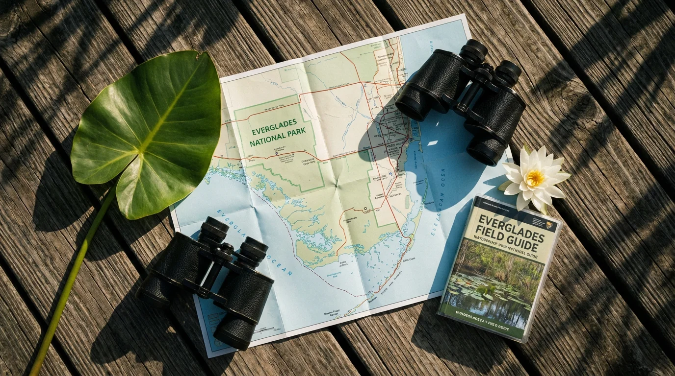 Flat lay of an Everglades map, binoculars, and a mangrove leaf on wood.
