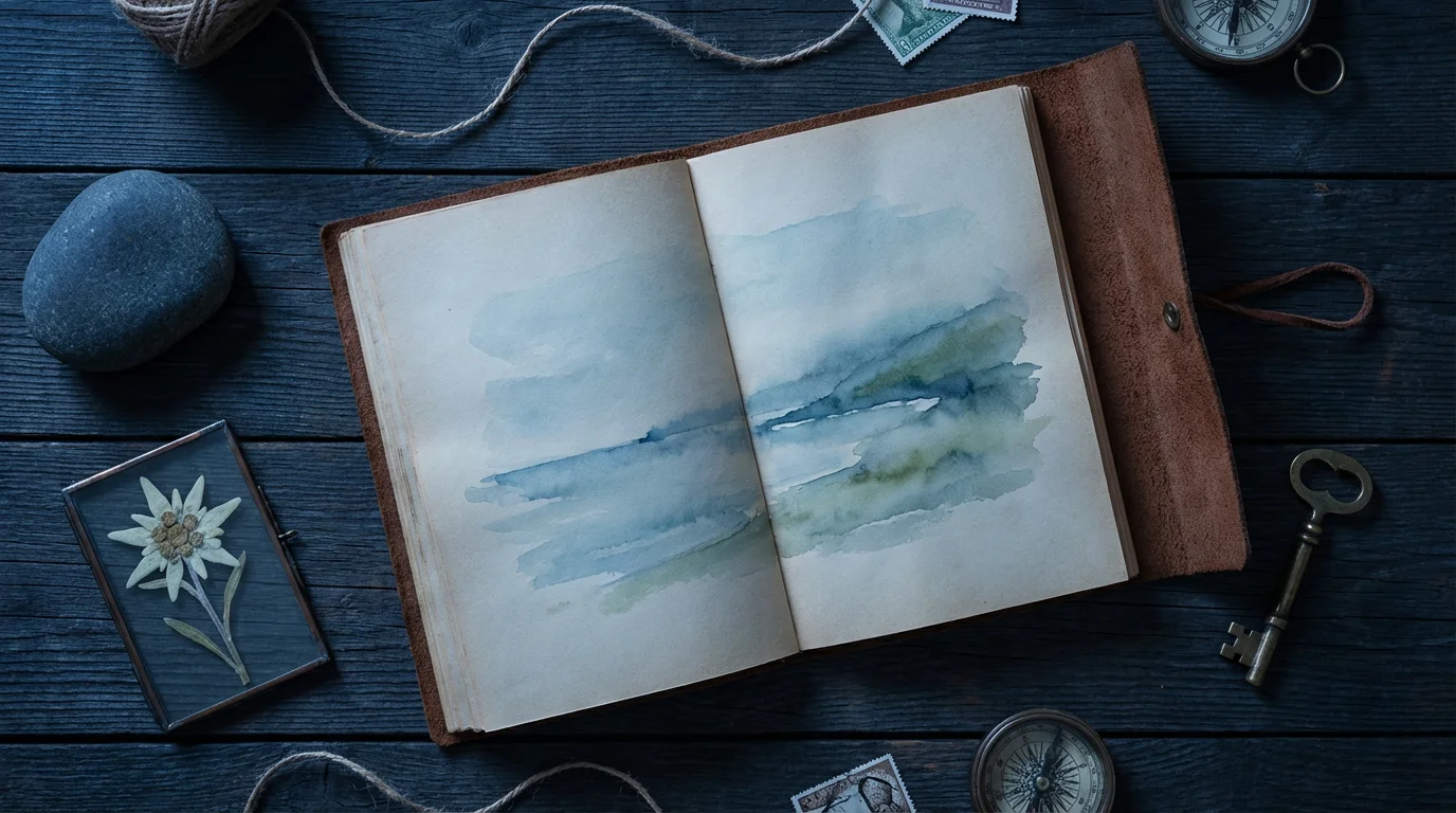 Flat lay of an open travel journal with a watercolor sketch and collected mementos.