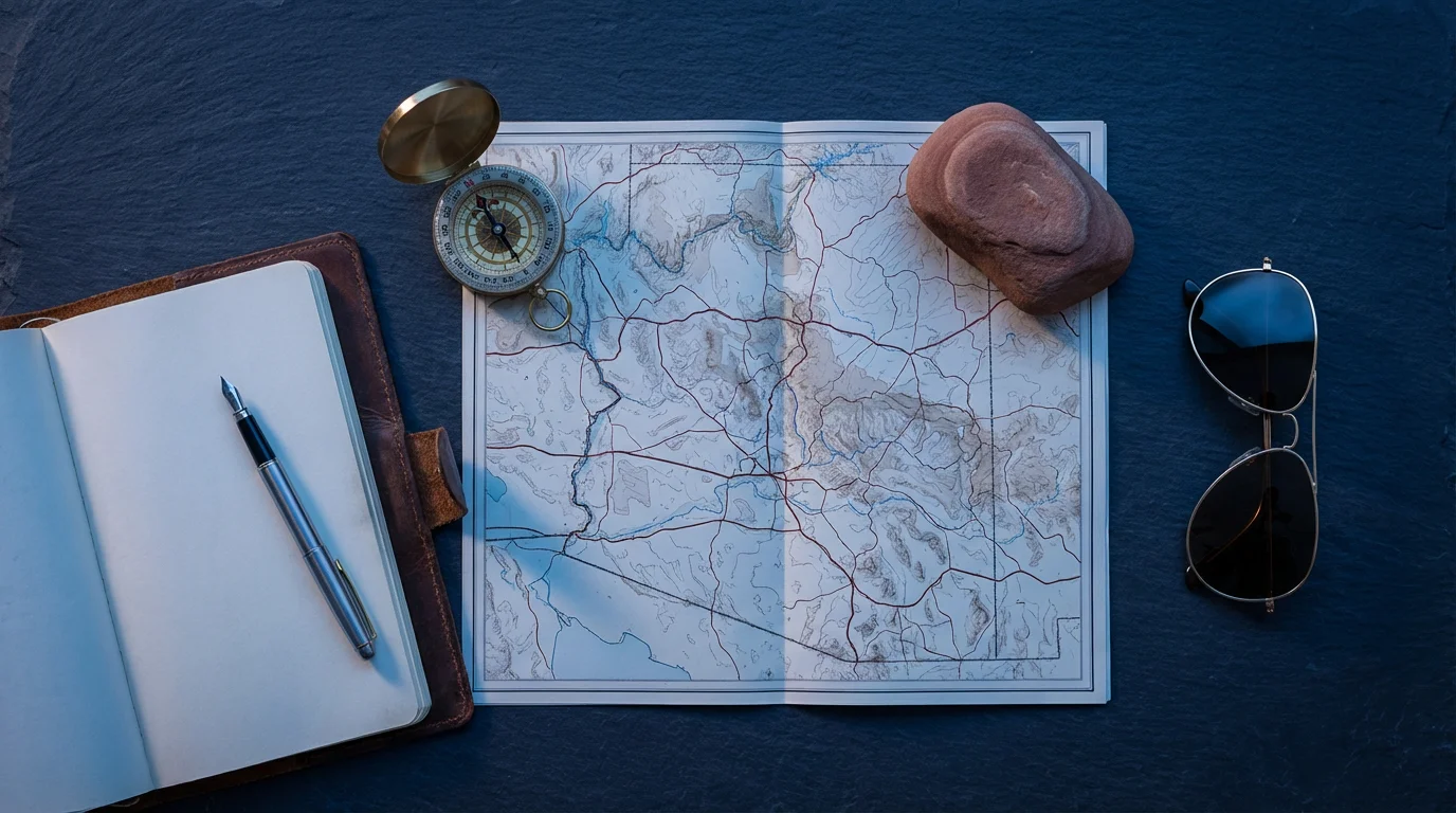 Flat lay of Arizona travel planning items: a map, compass, journal, and sunglasses.
