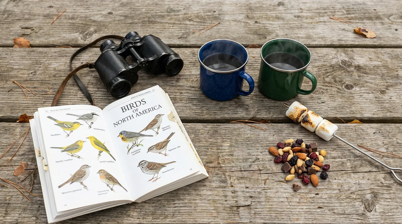 Flat lay of binoculars, a bird guide, trail mix, and enamel mugs on a picnic table.