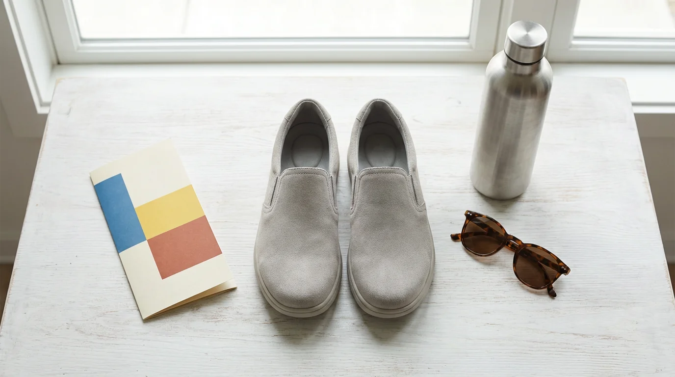 Flat lay of comfortable walking shoes, sunglasses, and a water bottle for a tour.