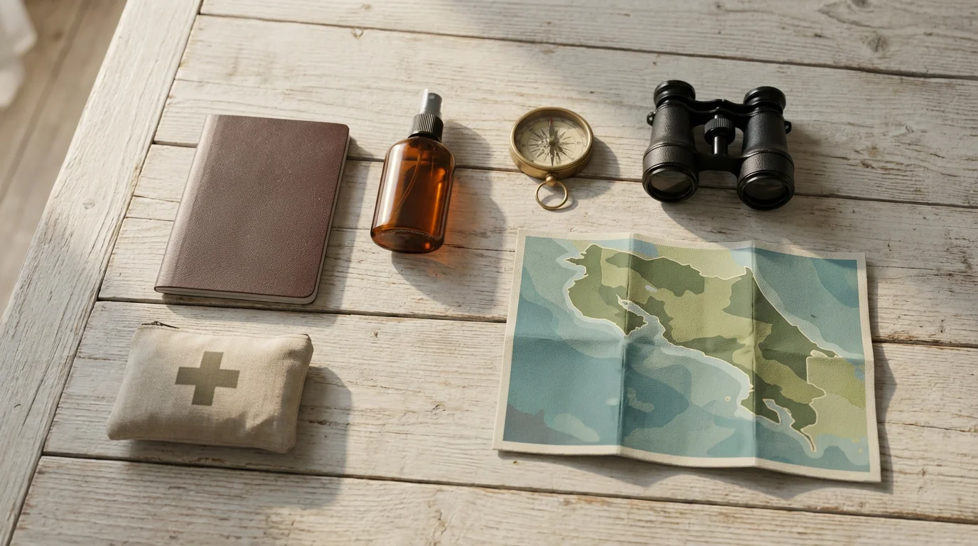 Flat lay of Costa Rica travel essentials: map, passport, binoculars, and health items.