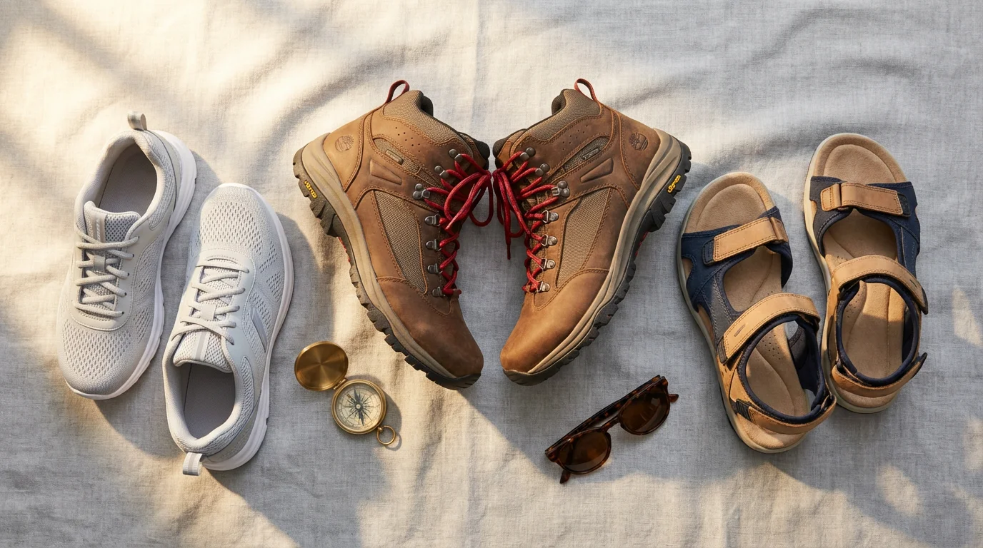 Flat lay of different senior walking shoes for travel: hiking boots, sneakers, and sandals.