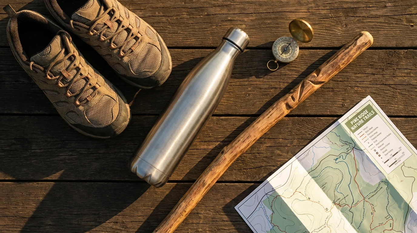 Flat lay of essential nature walk gear including shoes, water bottle, and map.