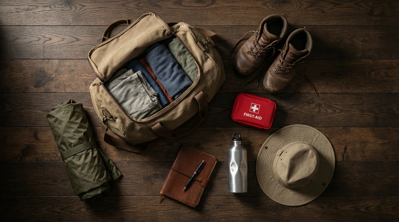 Flat lay of essential travel items for a senior volunteer trip on a wooden floor.