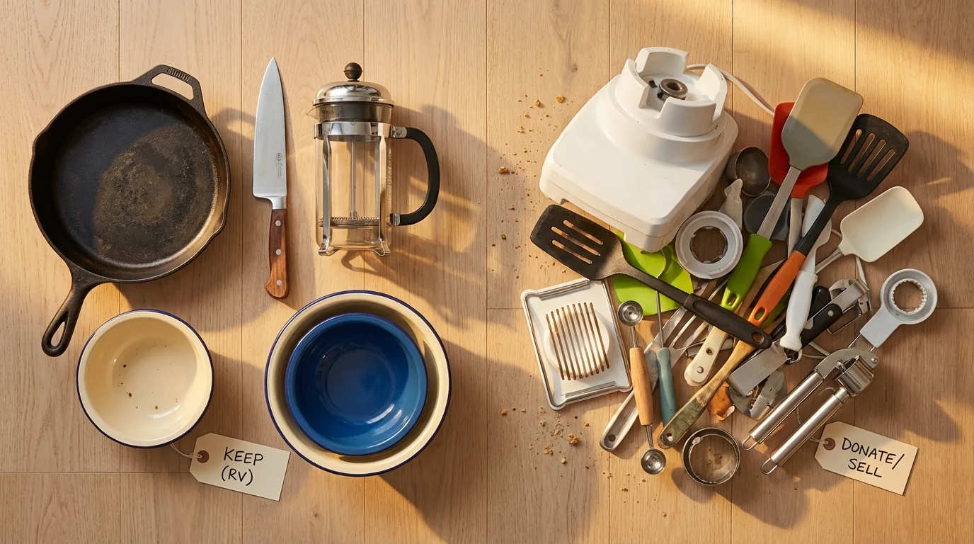 Flat lay of essential versus non-essential kitchen items being decluttered for RV life.