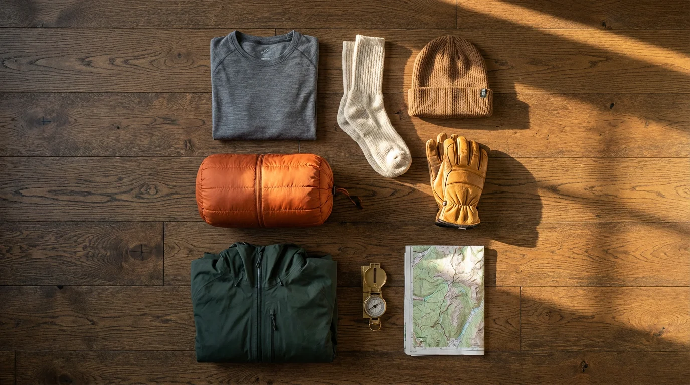 Flat lay of essential winter hiking gear including layered clothing, map, and compass.