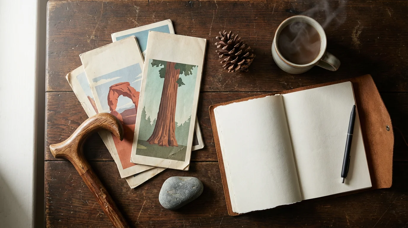 Flat lay of generic national park pamphlets, a walking stick, and a journal.