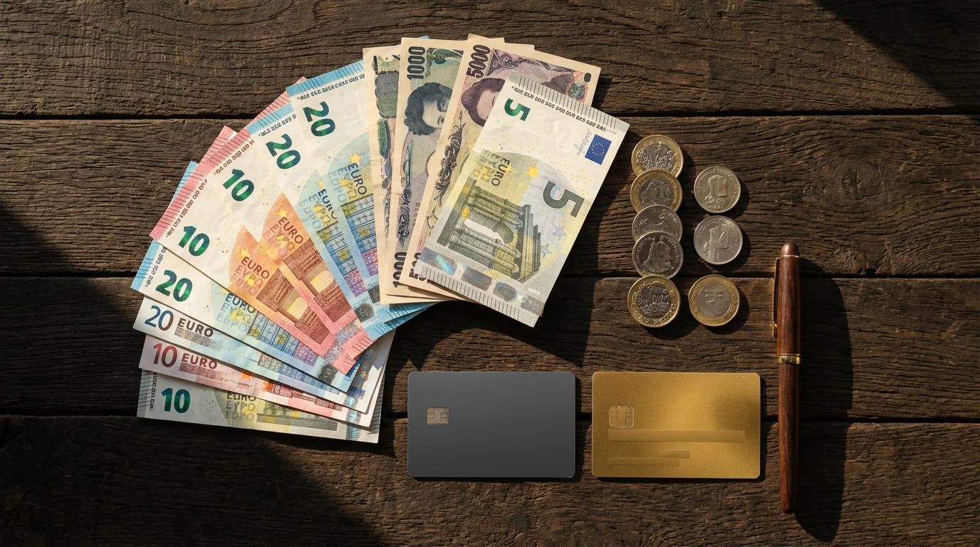 Flat lay of international currency, coins, and credit cards on a dark wooden table.