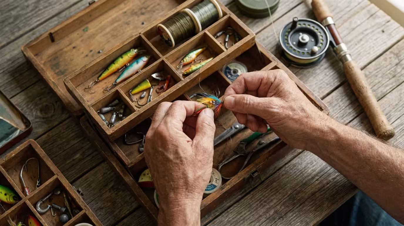 Flat lay of mature hands organizing a vintage fishing tackle box with colorful lures.