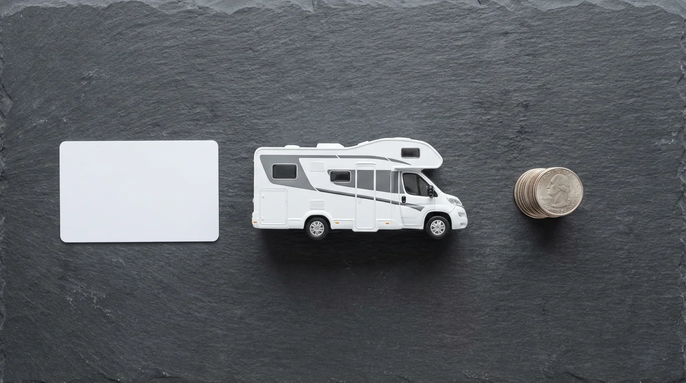 Flat lay of miniature RV, blank driver's license card, and coins representing insurance factors.