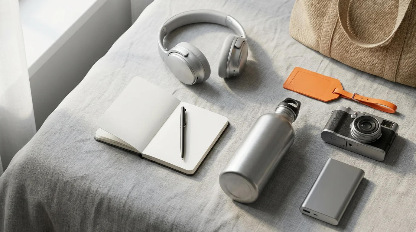 Flat lay of modern travel essentials for a group tour on a linen background.