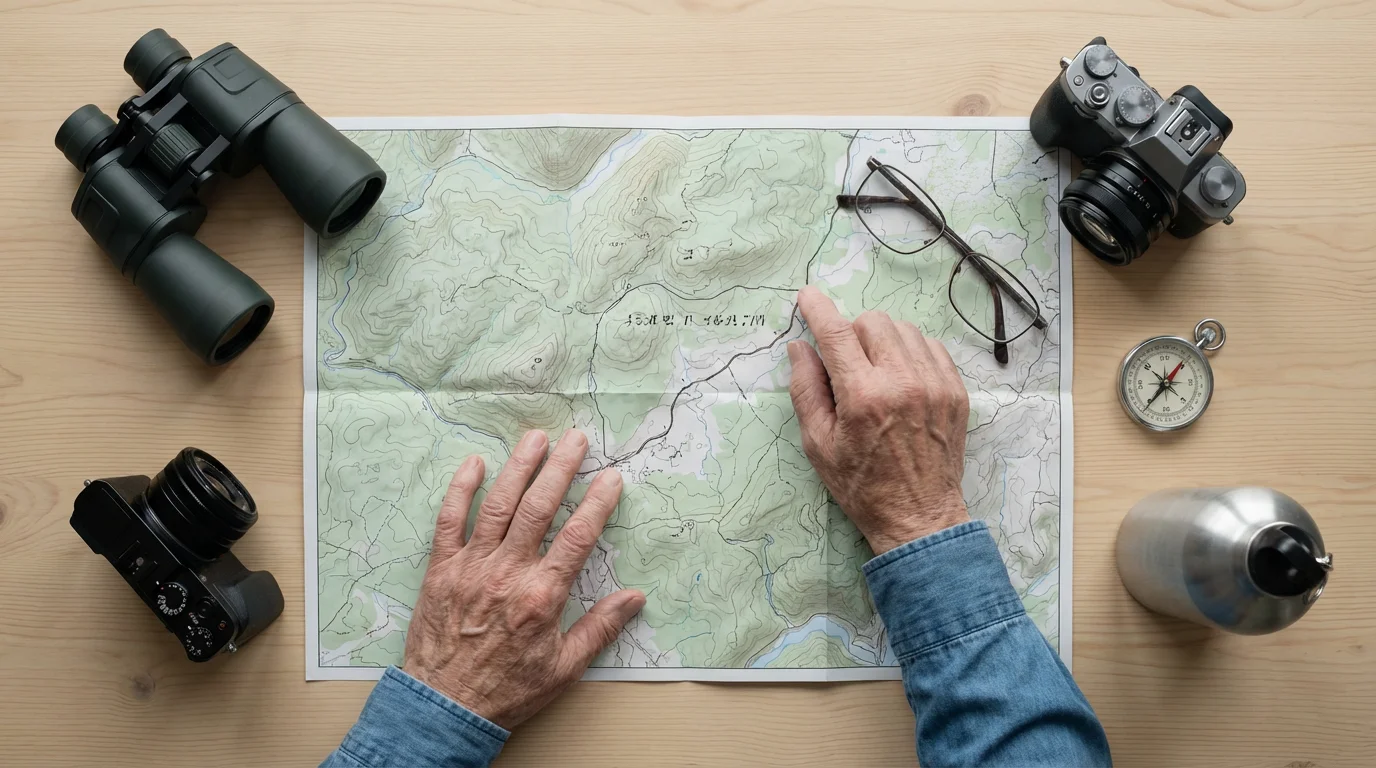 Flat lay of national park road trip planning items including a map and binoculars.