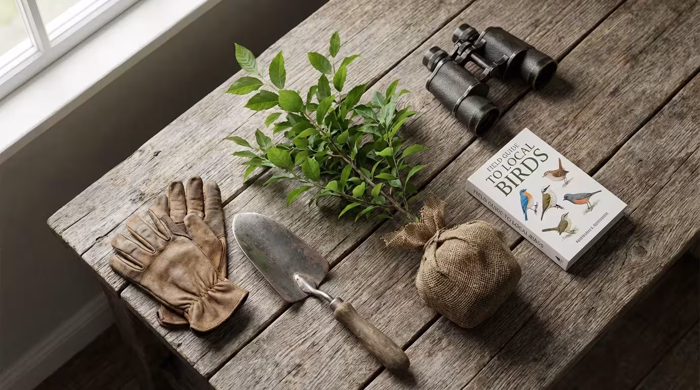 Flat lay of nature volunteering equipment including gloves, binoculars, and a tree sapling.