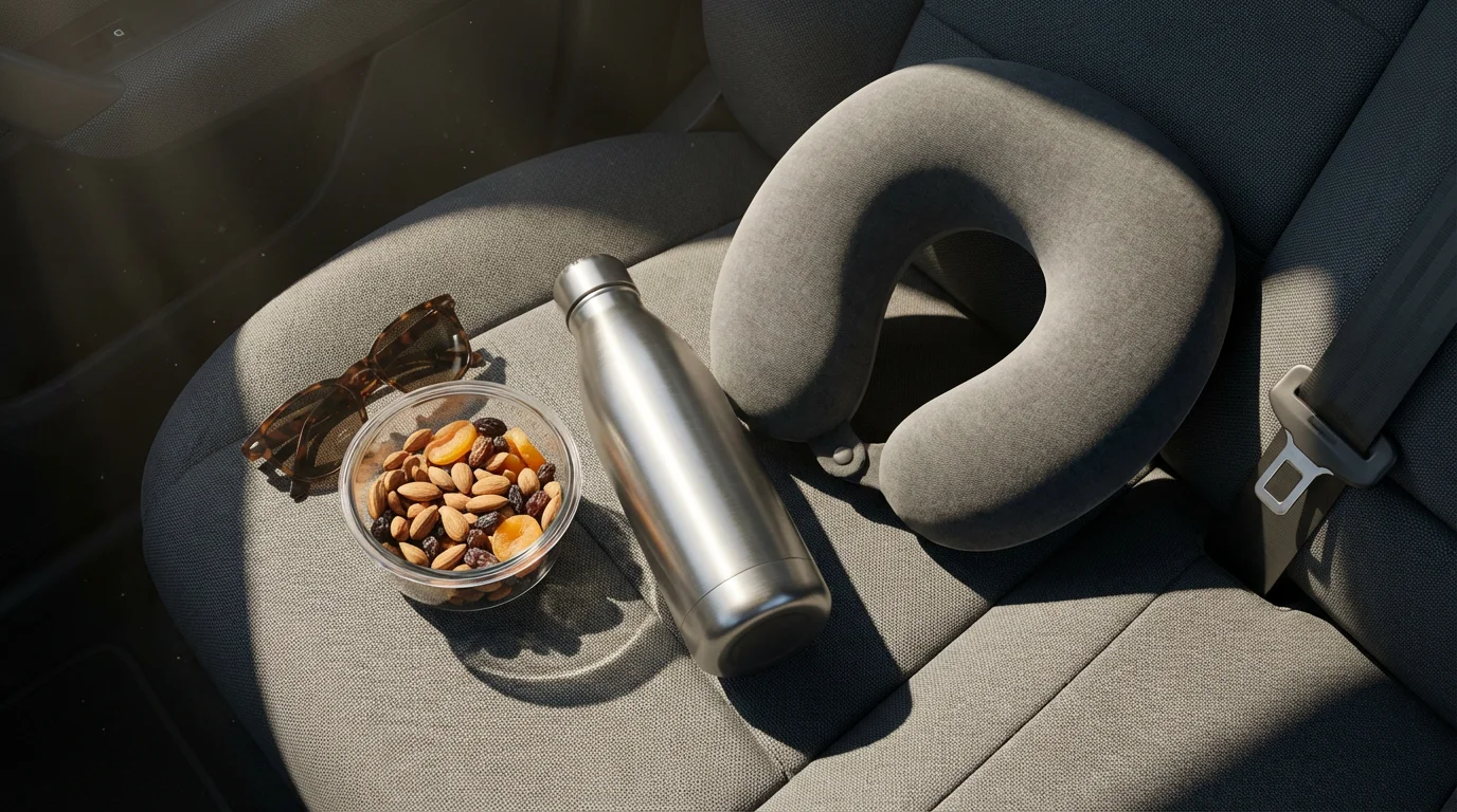 Flat lay of road trip comfort items like a neck pillow on a car seat.