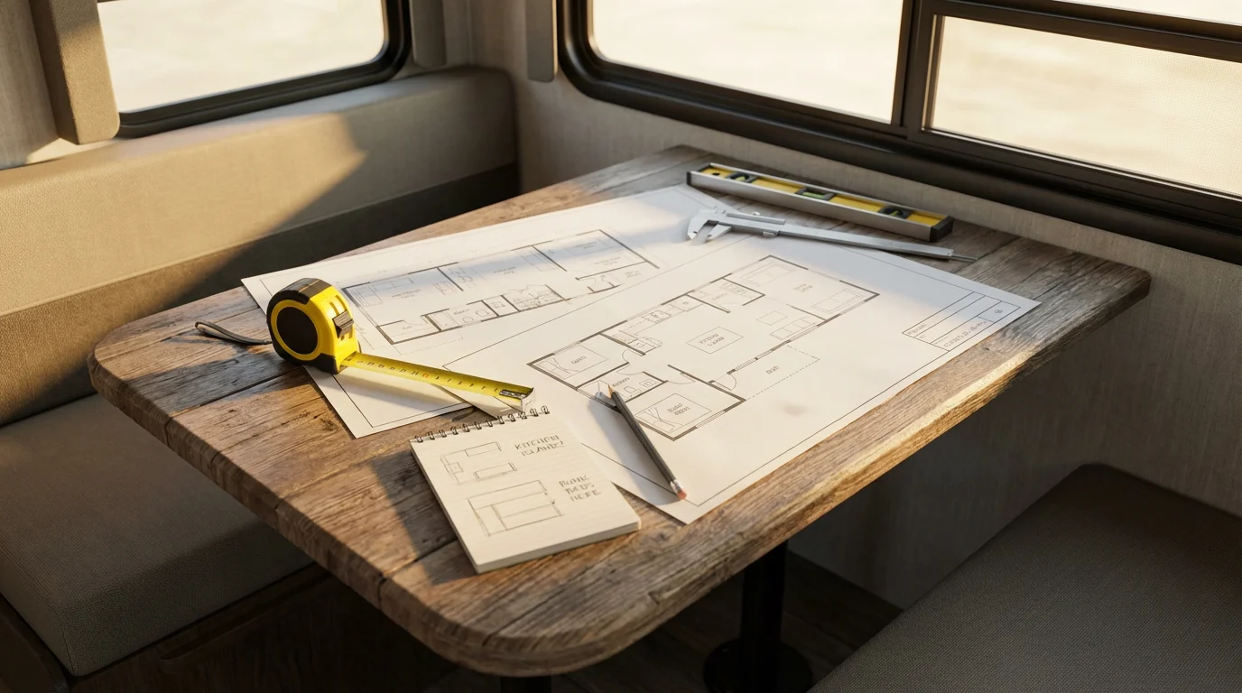 Flat lay of RV blueprints and measuring tape on a table during golden hour.