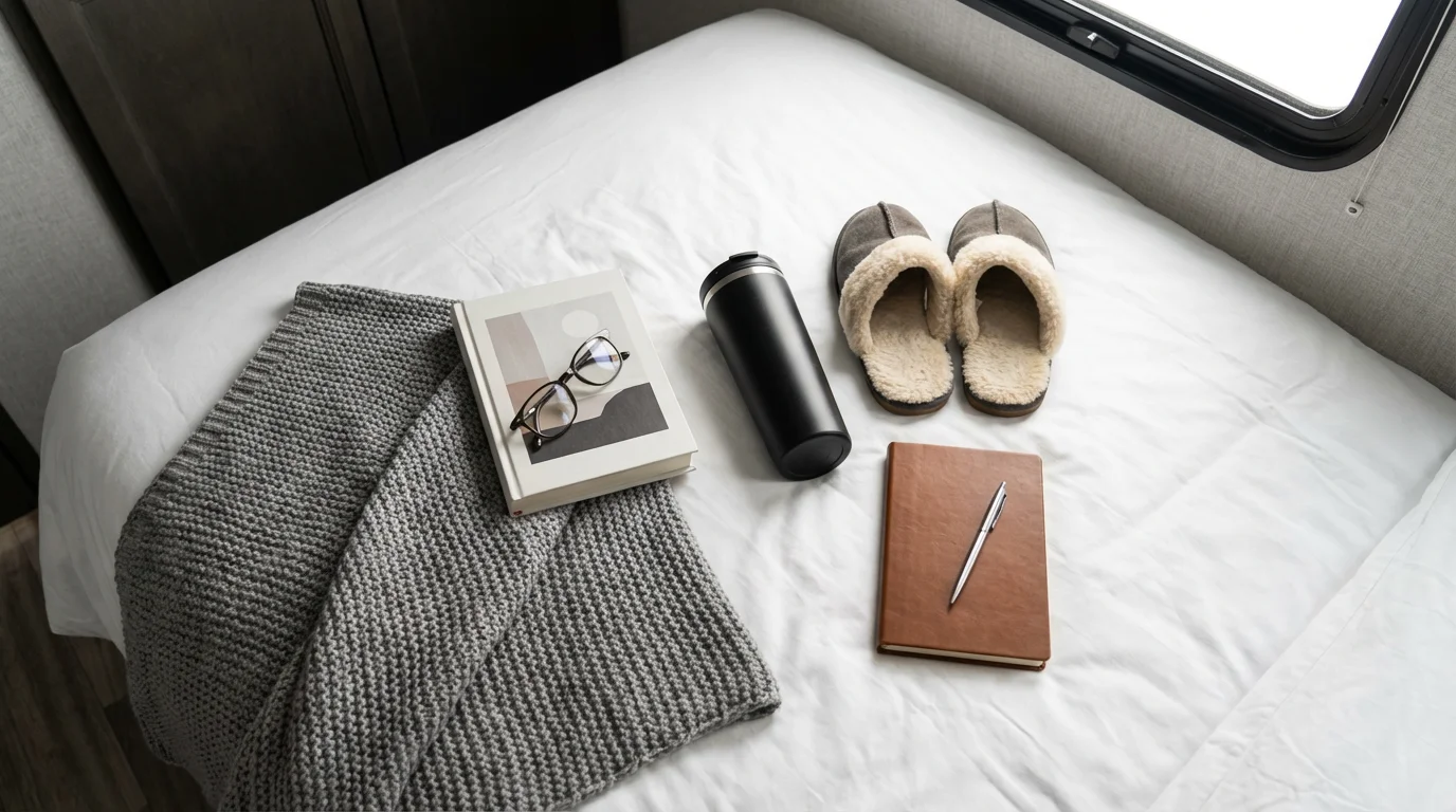 Flat lay of RV comfort items including a blanket, book, mug, and slippers.