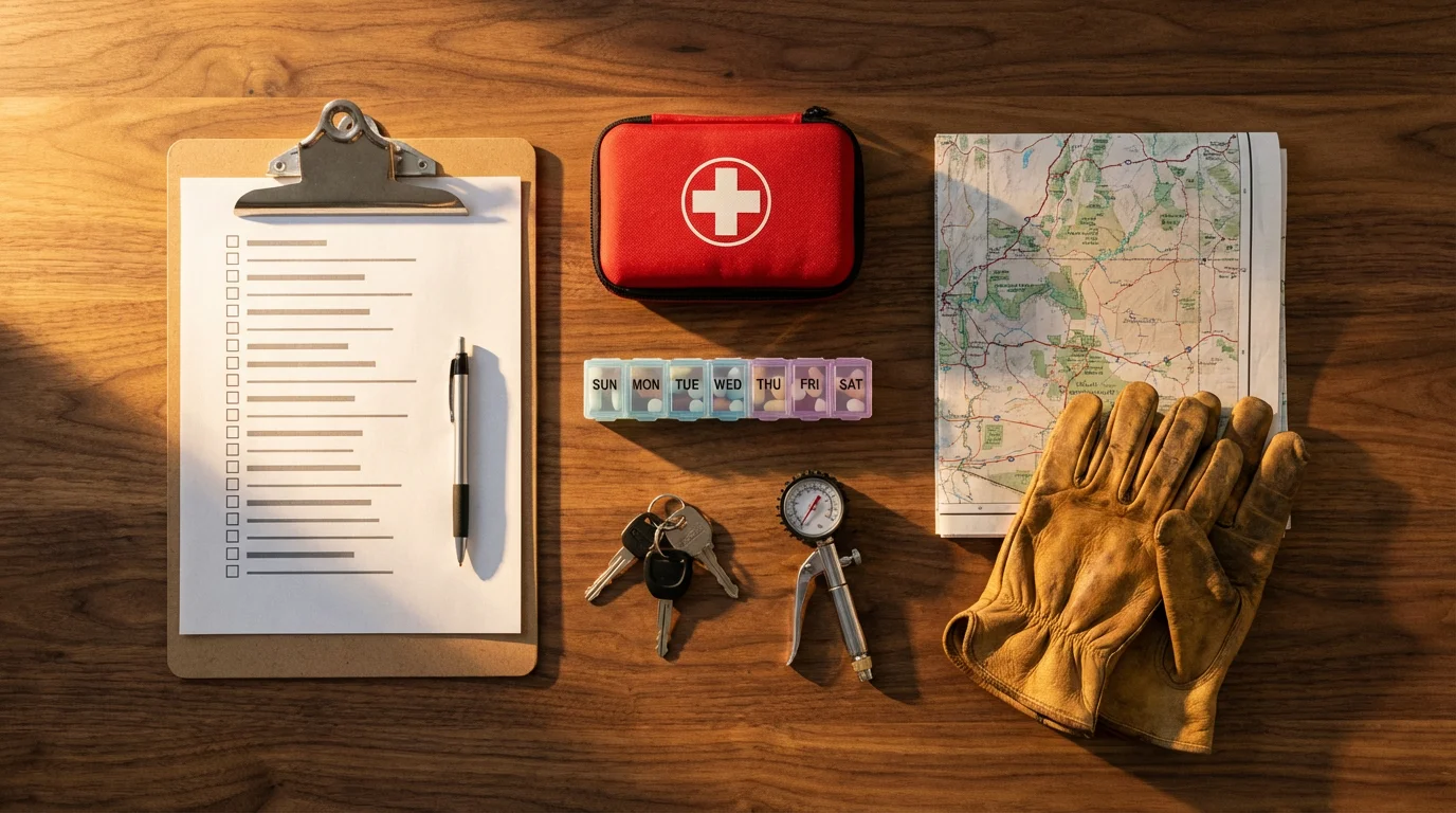 Flat lay of RV maintenance tools, a first-aid kit, and a checklist for travel.