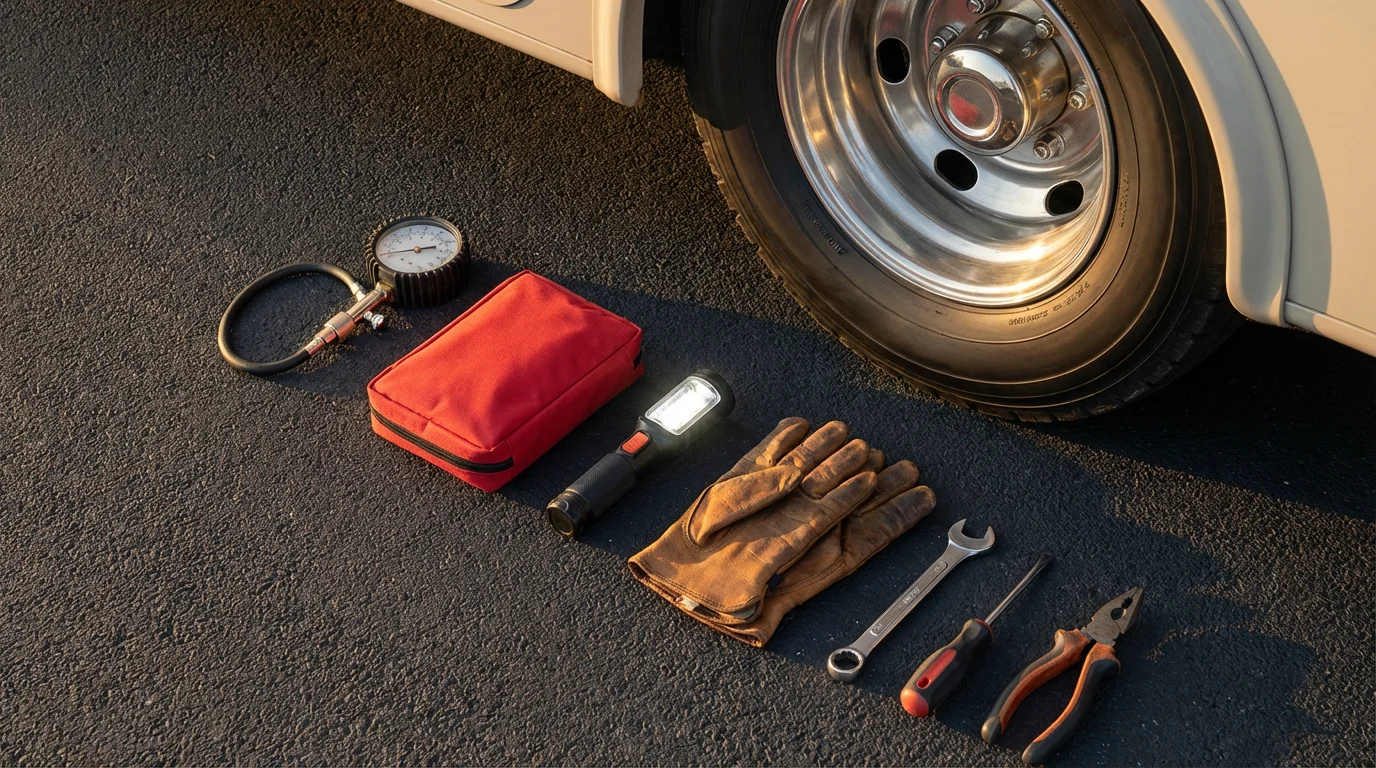 Flat lay of RV safety and maintenance tools on asphalt during golden hour.