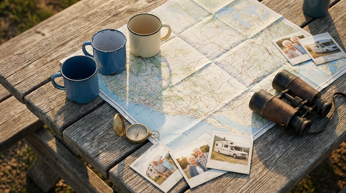 Flat lay of RV travel planning items like a map, mugs, and photos.