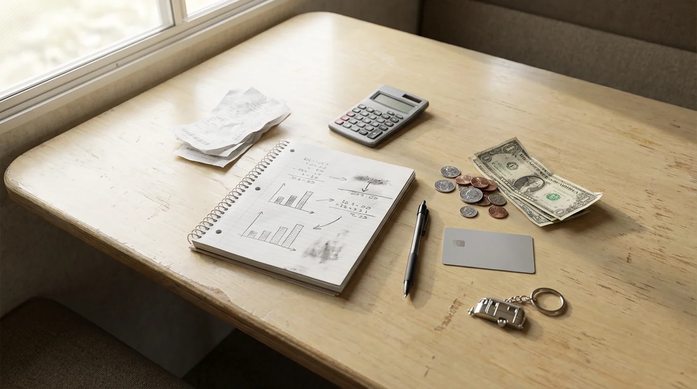 Flat lay of RV trip budgeting items including a notebook, calculator, and money.