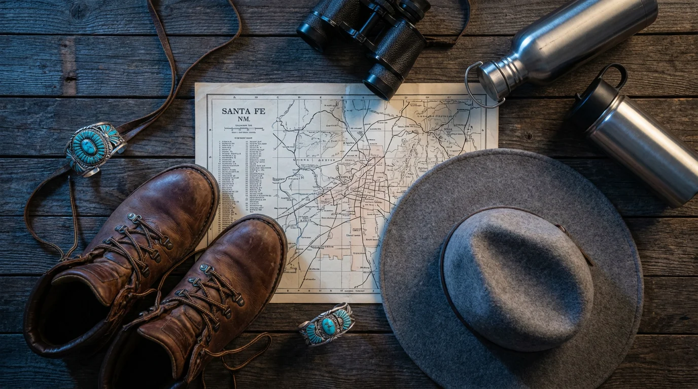 Flat lay of Santa Fe travel essentials including a hat, map, and walking shoes.