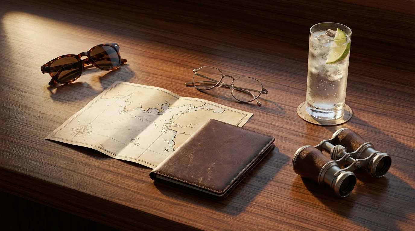 Flat lay of senior cruise travel essentials on a dark wood table with shadows.