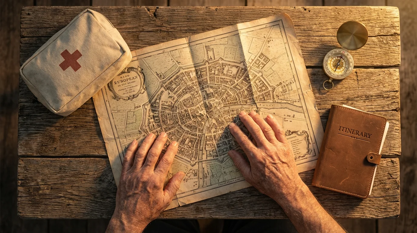 Flat lay of senior hands tracing a route on a map with travel essentials.