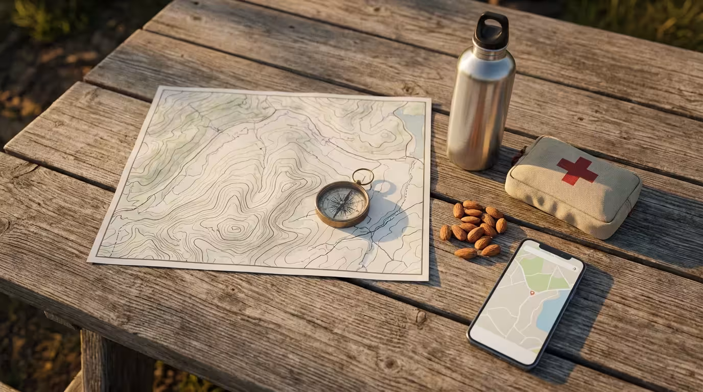 Flat lay of senior hiking safety gear including a map, compass, and first-aid kit.