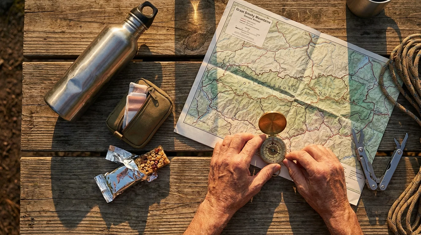 Flat lay of senior hiking safety gear including a map, compass, and first-aid kit.