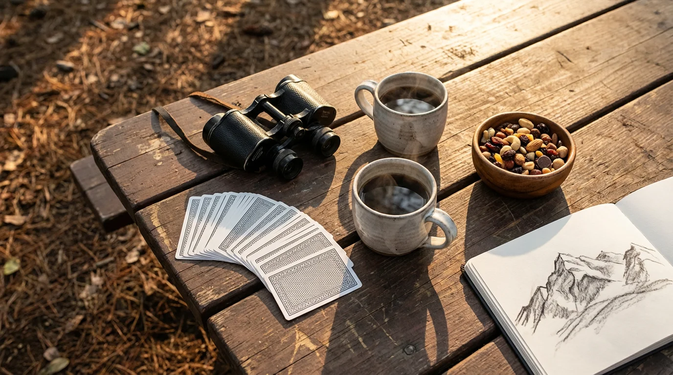 Flat lay of senior RV camping activities like binoculars, cards, and sketching on a table.