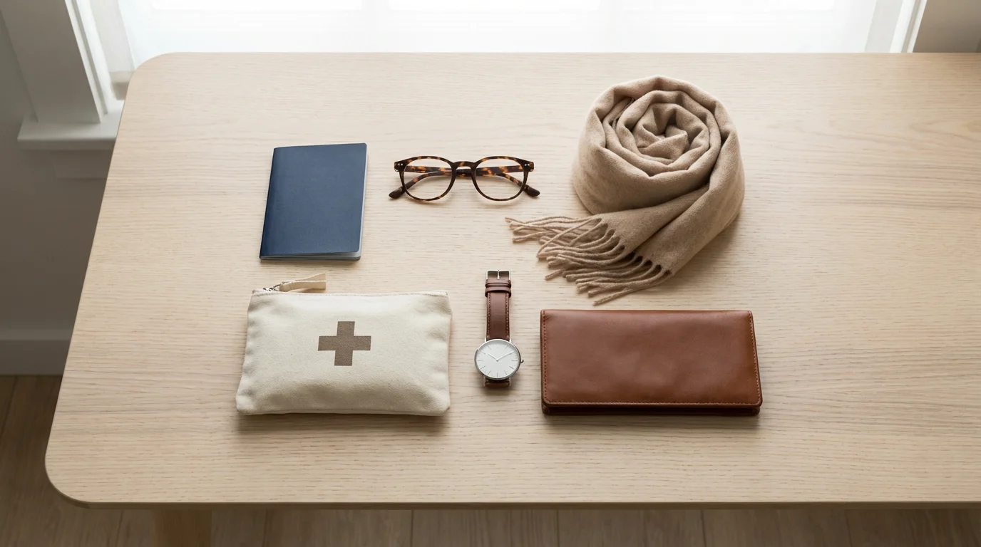 Flat lay of senior travel essentials including a passport, glasses, and a scarf.