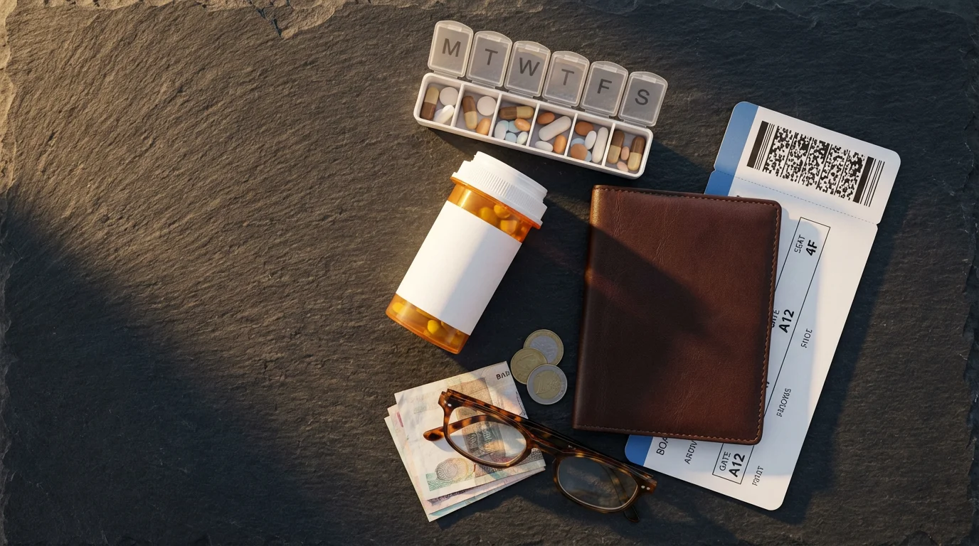 Flat lay of senior travel essentials: passport, medications, and currency on a dark surface.