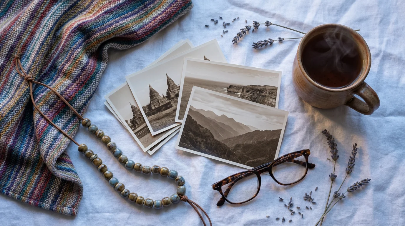 Flat lay of senior travel mementos like photos, textiles, and tea during blue hour.
