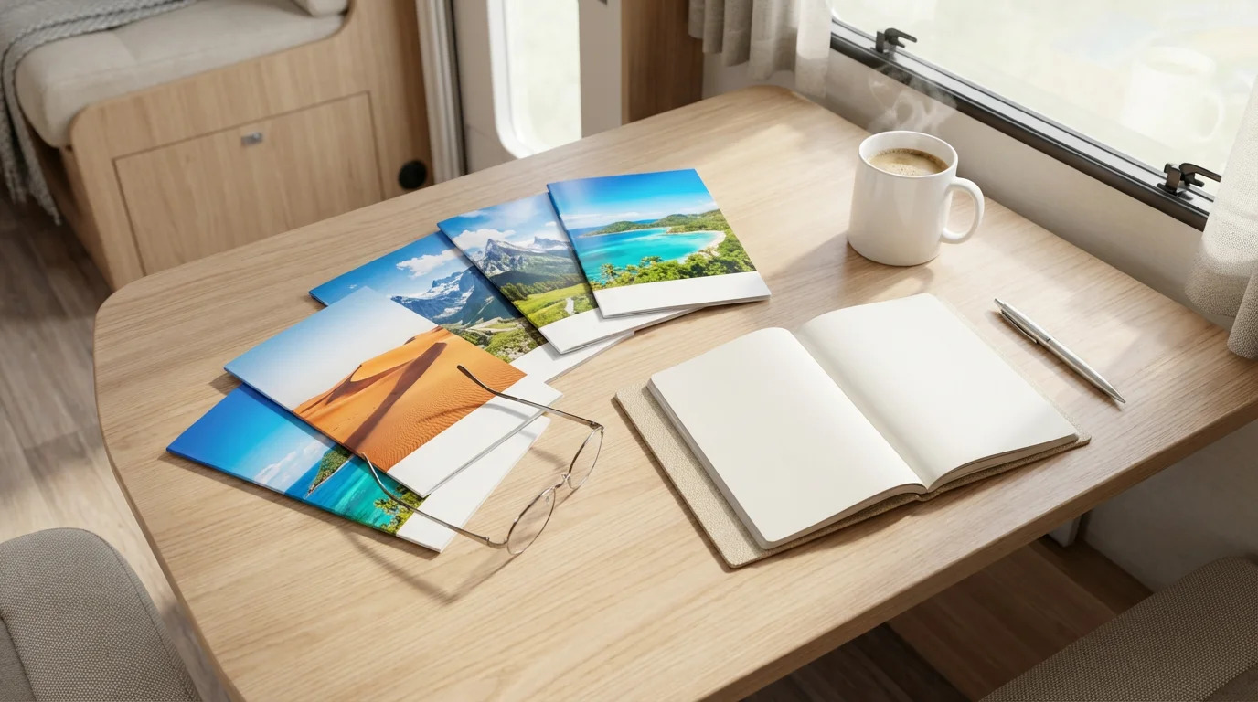Flat lay of travel brochures, glasses, and a coffee mug on an RV table.