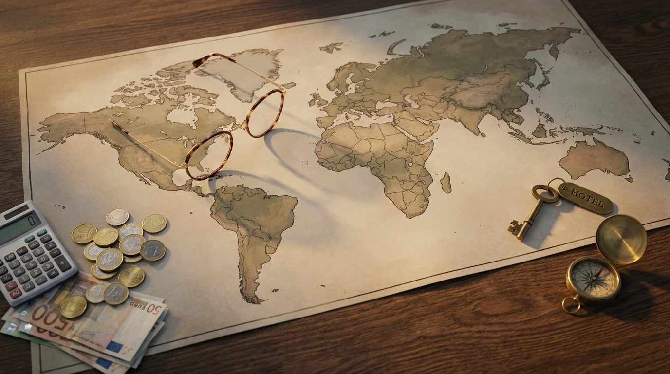 Flat lay of travel budgeting items including a map, calculator, and currency at sunset.