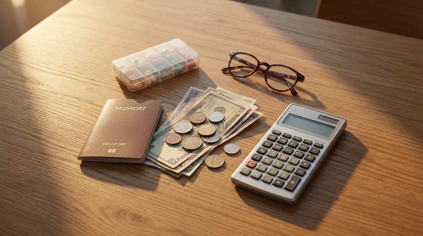 Flat lay of travel budgeting items including a calculator, currency, passport, and pill organizer.